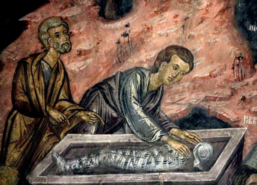 Св. Апостолъ Іоаннъ Богословъ у Гроба Господня и въ сонмѣ прочихъ Апостоловъ и учениковъ Христовыхъ въ день Воскресенія Господа.